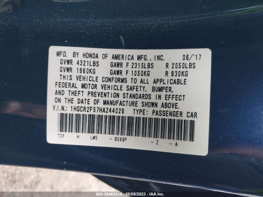 2017 HONDA ACCORD SEDAN SPORT - 1HGCR2F57HA244026
