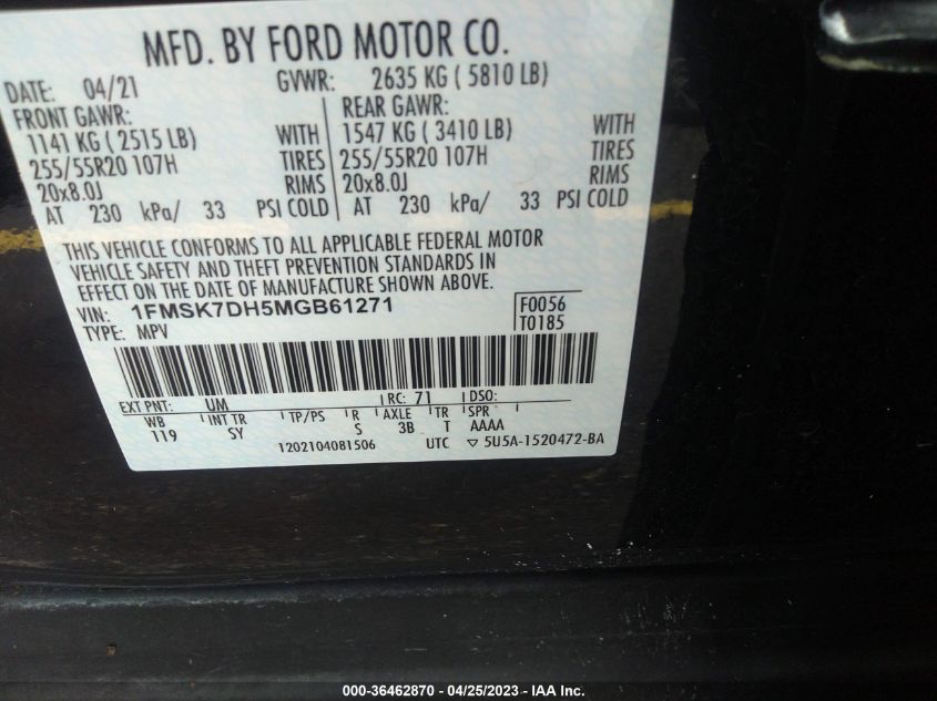 2021 FORD EXPLORER XLT - 1FMSK7DH5MGB61271