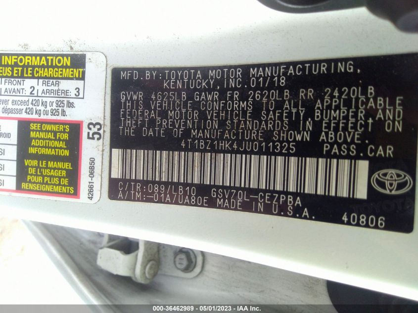 2018 TOYOTA CAMRY V6 - 4T1BZ1HK4JU011325