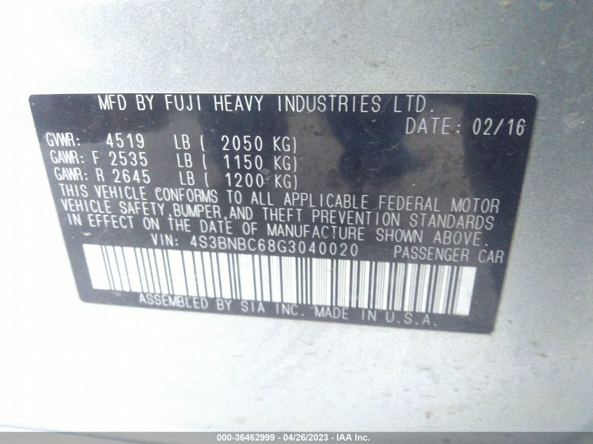 2016 SUBARU LEGACY 2.5I PREMIUM - 4S3BNBC68G3040020