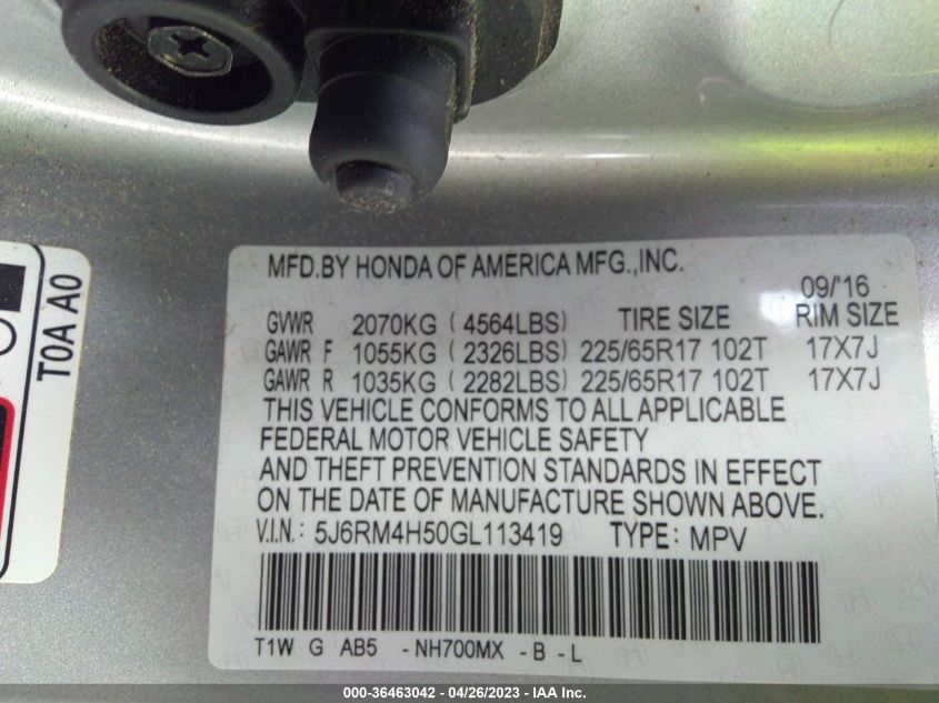 2016 HONDA CR-V EX - 5J6RM4H50GL113419