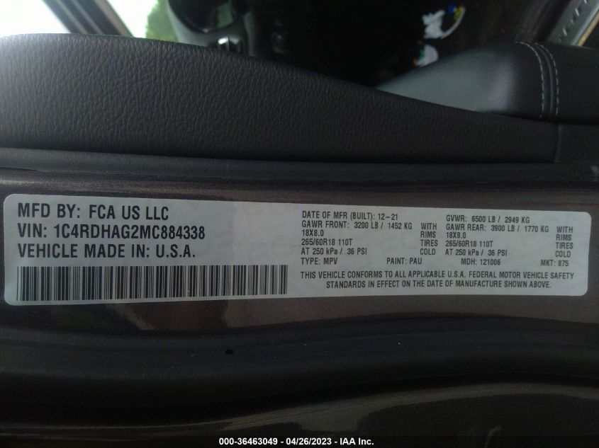 2021 DODGE DURANGO SXT PLUS - 1C4RDHAG2MC884338