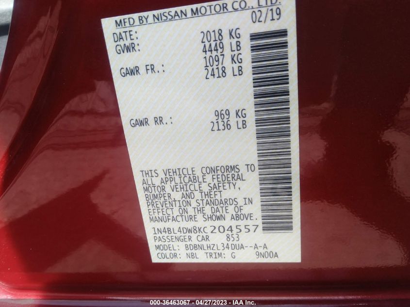 2019 NISSAN ALTIMA 2.5 SV - 1N4BL4DW8KC204557