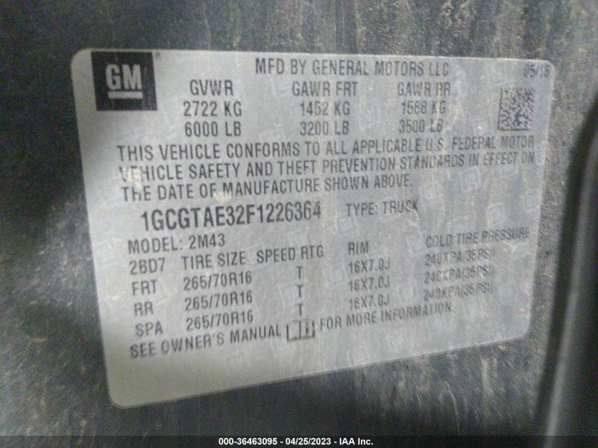 2015 CHEVROLET COLORADO 4WD WT - 1GCGTAE32F1226364