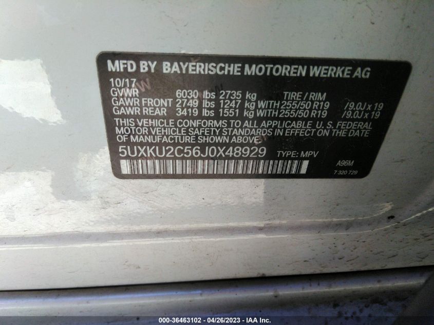 2018 BMW X6 XDRIVE35I 5UXKU2C56J0X48929
