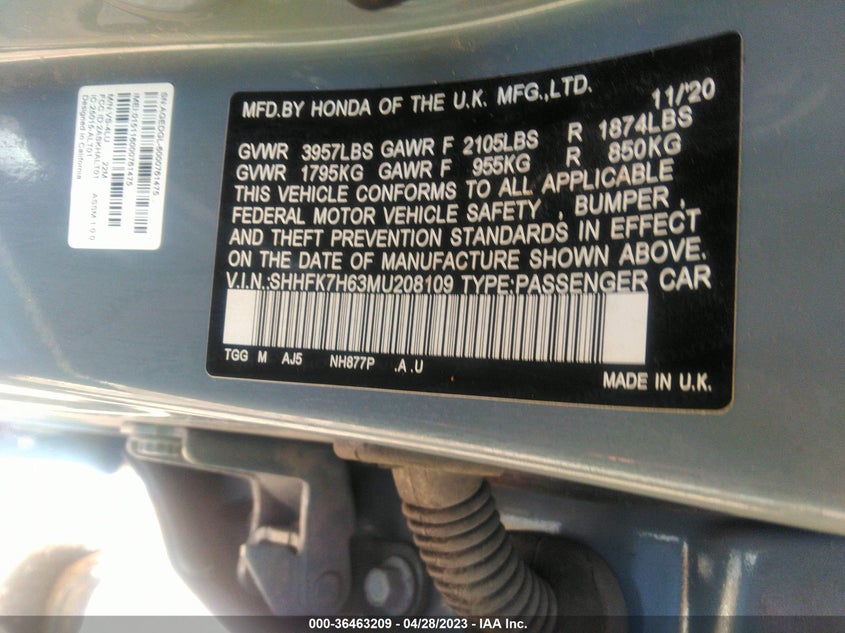 VIN SHHFK7H63MU208109 2021 HONDA CIVIC HATCHBACK EX