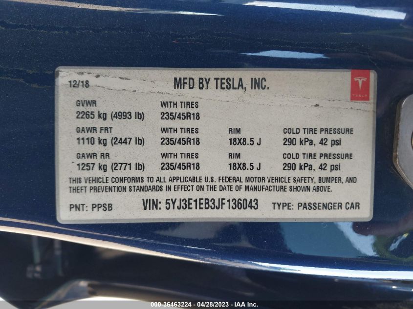 2018 TESLA MODEL 3 LONG RANGE - 5YJ3E1EB3JF136043