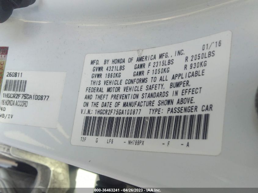 2016 HONDA ACCORD SEDAN EX - 1HGCR2F75GA100877