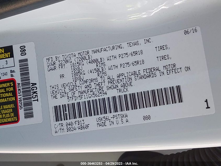 2016 TOYOTA TUNDRA 4WD TRUCK SR5/TRD PRO - 5TFDY5F11GX562594