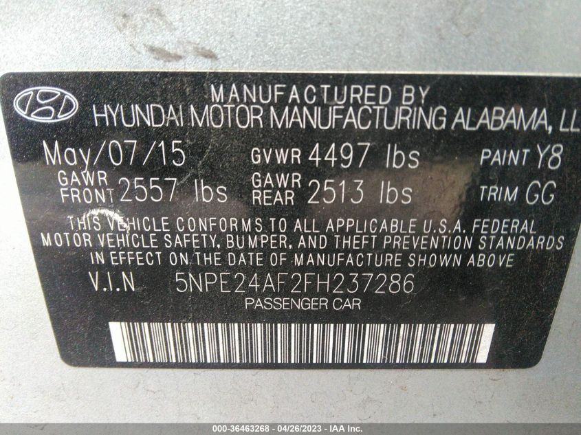 2015 HYUNDAI SONATA 2.4L SE - 5NPE24AF2FH237286