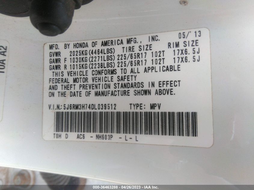 2013 HONDA CR-V EX-L - 5J6RM3H74DL039512