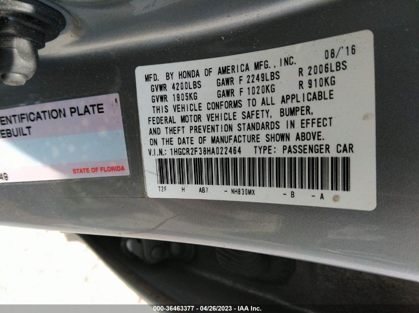 2017 HONDA ACCORD SEDAN LX - 1HGCR2F38HA022464