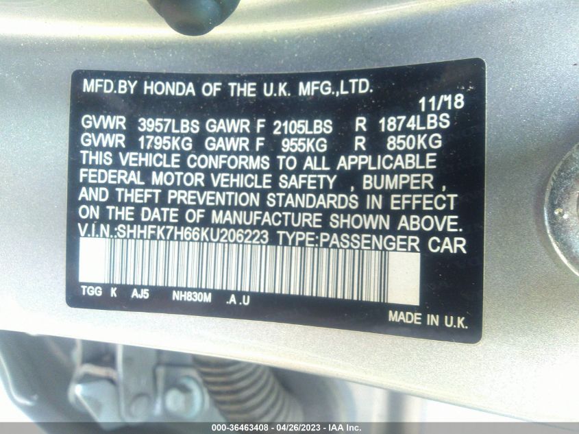 2019 HONDA CIVIC HATCHBACK EX - SHHFK7H66KU206223