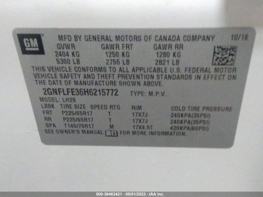 2017 CHEVROLET EQUINOX LT - 2GNFLFE36H6215772