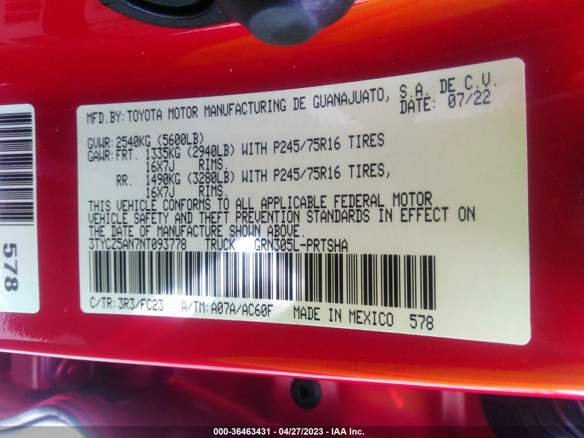 VIN 3TYCZ5AN7NT093778 2022 TOYOTA TACOMA 4WD SR/SR5/TRD SPORT
