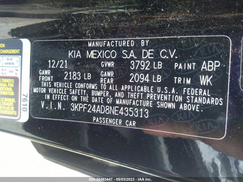 2022 KIA FORTE LXS - 3KPF24AD8NE435313