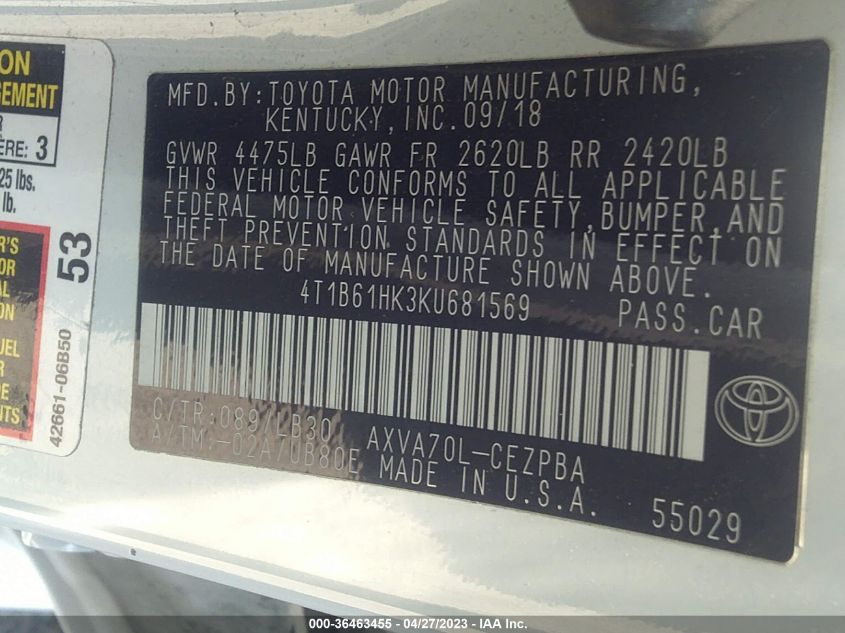 2019 TOYOTA CAMRY XSE - 4T1B61HK3KU681569