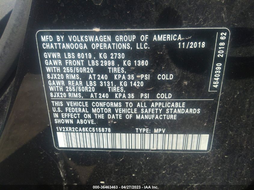 2019 VOLKSWAGEN ATLAS 3.6L V6 SE W - 1V2XR2CA6KC515878