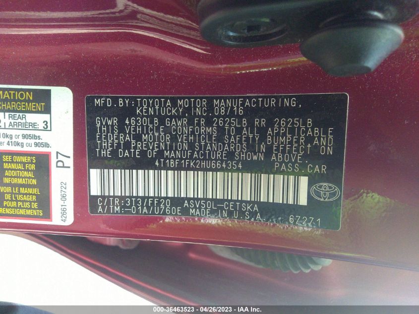 2017 TOYOTA CAMRY XLE/SE/LE/XSE - 4T1BF1FK2HU664354