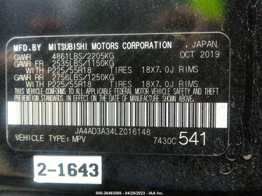 2020 MITSUBISHI OUTLANDER SE/SEL/LE/SP - JA4AD3A34LZ016148