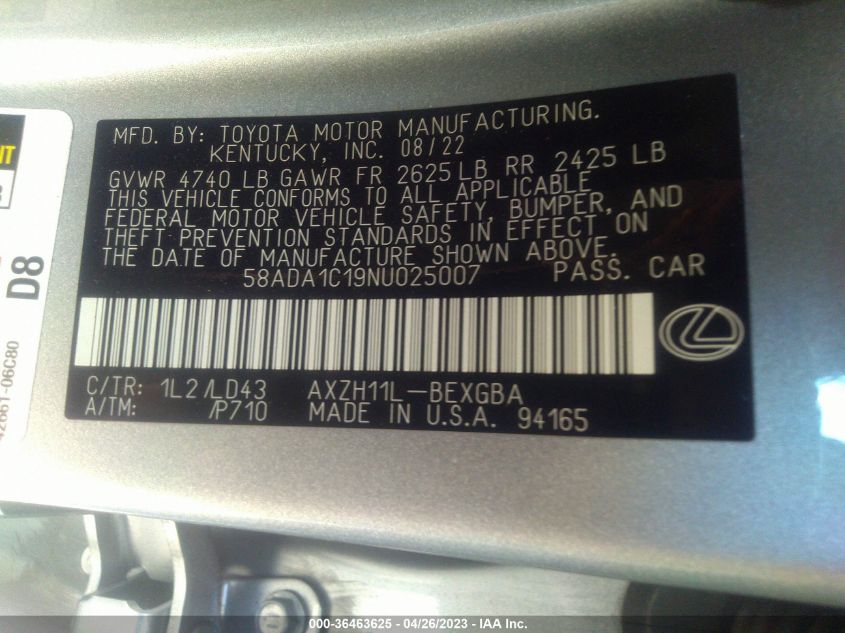 2022 LEXUS ES ES 300H - 58ADA1C19NU025007