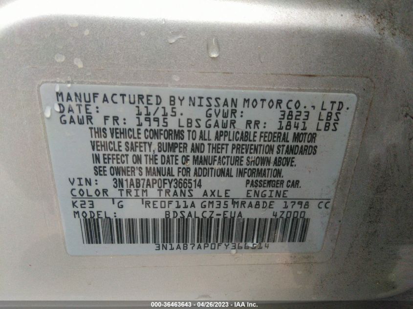 2015 NISSAN SENTRA S - 3N1AB7AP0FY366514