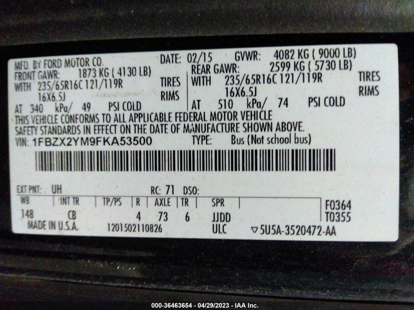 2015 FORD TRANSIT WAGON XL/XLT 1FBZX2YM9FKA53500