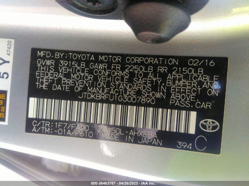 2016 TOYOTA PRIUS TWO - JTDKBRFU1G3007890