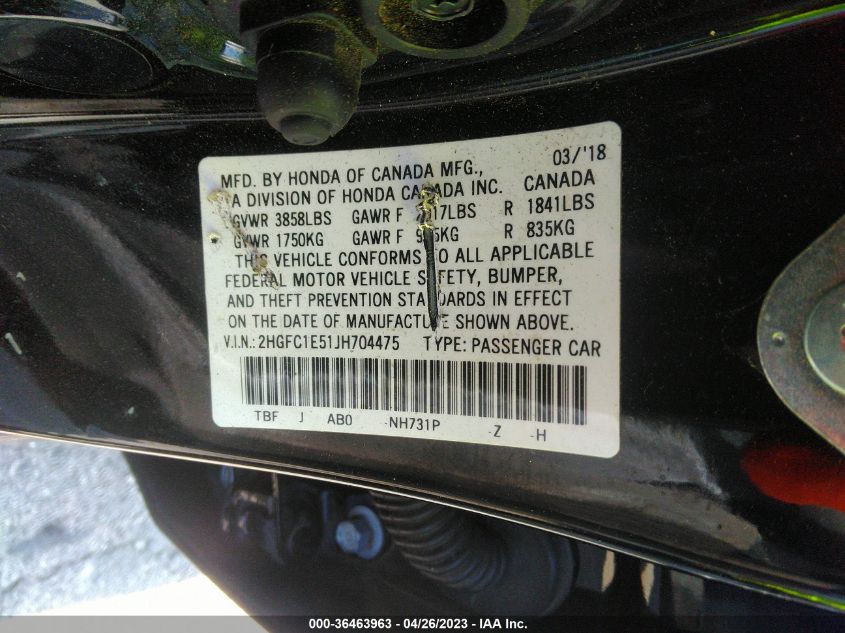 2018 HONDA CIVIC SI SEDAN - 2HGFC1E51JH704475