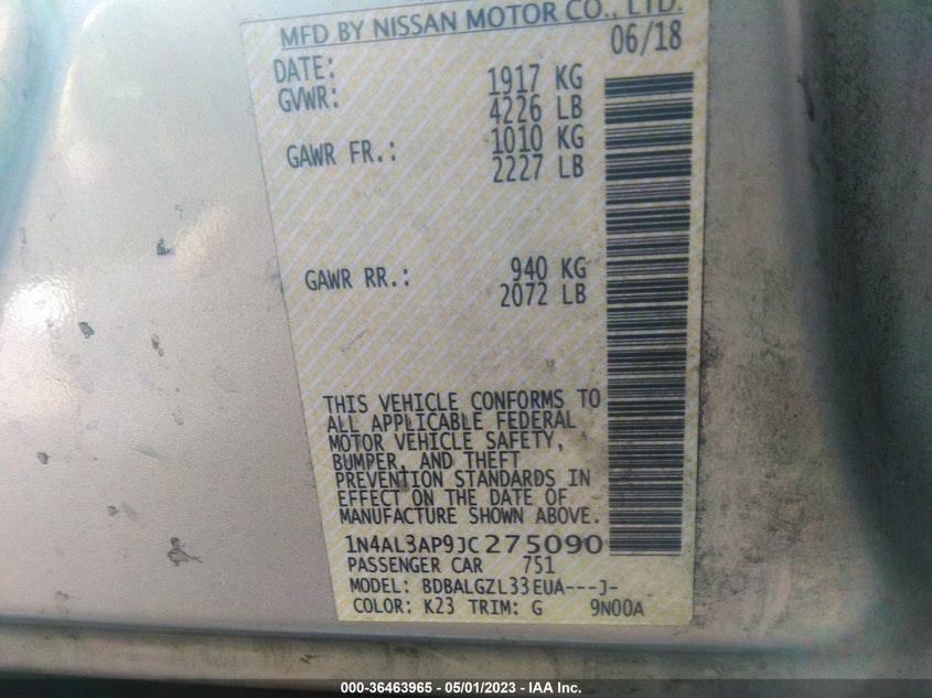 VIN 1N4AL3AP9JC275090 2018 NISSAN ALTIMA 2.5 S