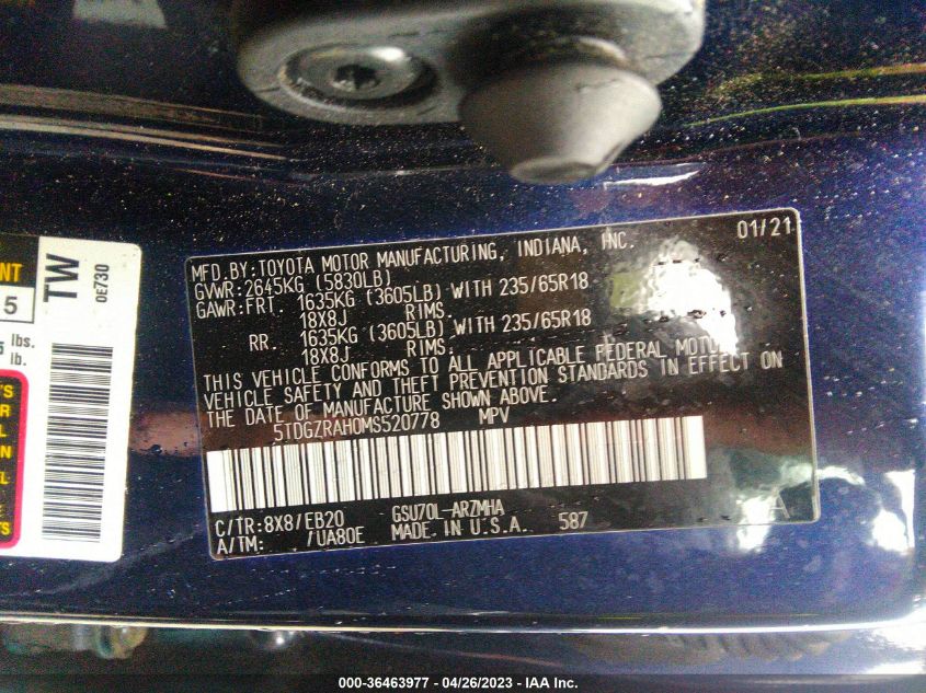 2021 TOYOTA HIGHLANDER XLE - 5TDGZRAH0MS520778