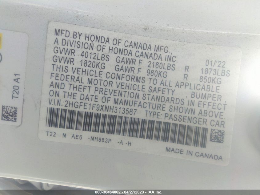 2022 HONDA CIVIC SEDAN TOURING - 2HGFE1F9XNH313567