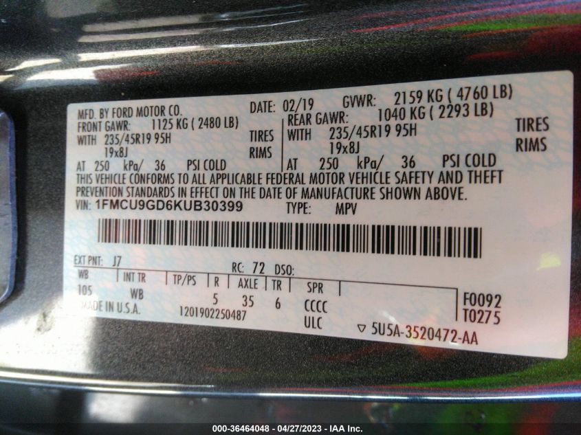 2019 FORD ESCAPE SE - 1FMCU9GD6KUB30399