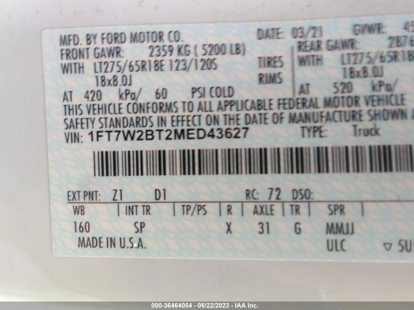 2021 FORD SUPER DUTY F-250 SRW XL/XLT/LARIAT - 1FT7W2BT2MED43627