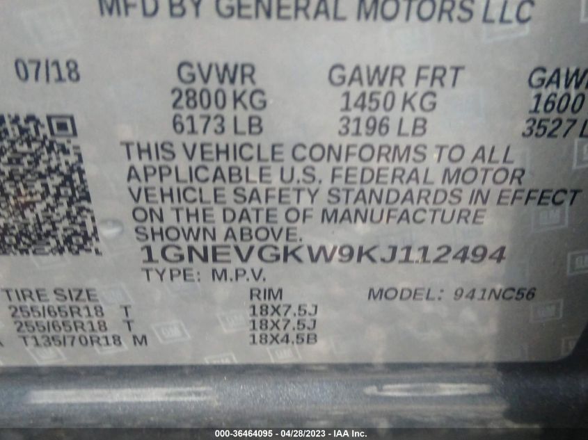 2019 CHEVROLET TRAVERSE LT CLOTH - 1GNEVGKW9KJ112494