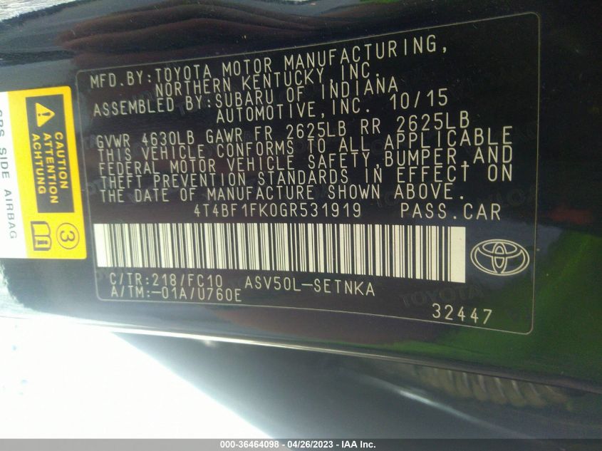 2016 TOYOTA CAMRY XLE/SE/LE/XSE - 4T4BF1FK0GR531919
