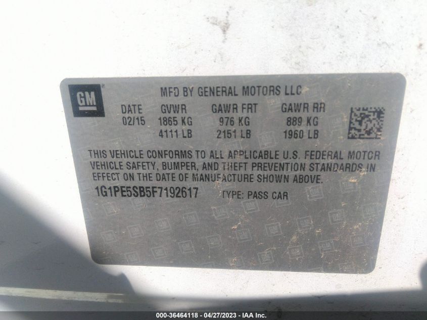 2015 CHEVROLET CRUZE LT - 1G1PE5SB5F7192617