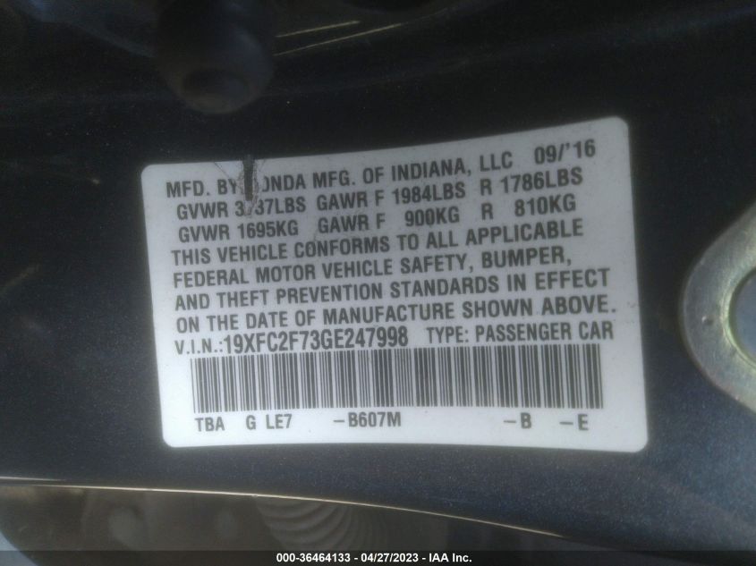 2016 HONDA CIVIC SEDAN EX - 19XFC2F73GE247998