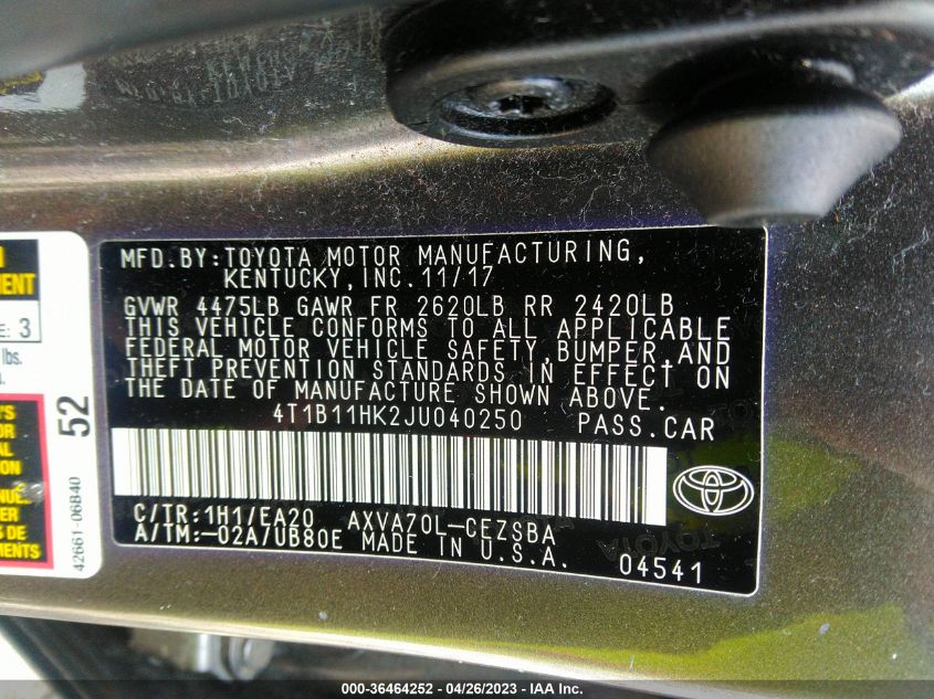 2018 TOYOTA CAMRY LE/SE/XLE/L - 4T1B11HK2JU040250