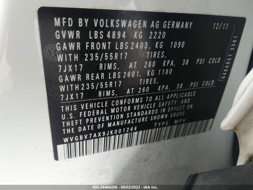 2018 VOLKSWAGEN TIGUAN LIMITED WVGBV7AX9JK001244