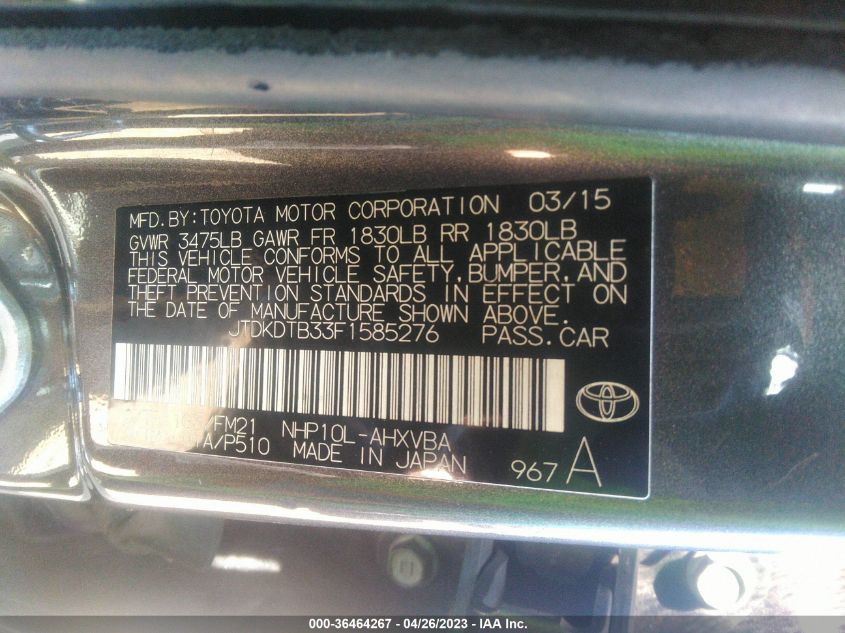 2015 TOYOTA PRIUS C ONE/TWO/THREE/FOUR - JTDKDTB33F1585276