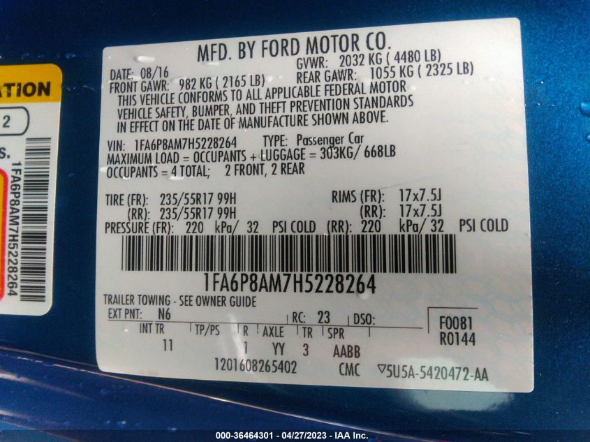 2017 FORD MUSTANG V6 - 1FA6P8AM7H5228264