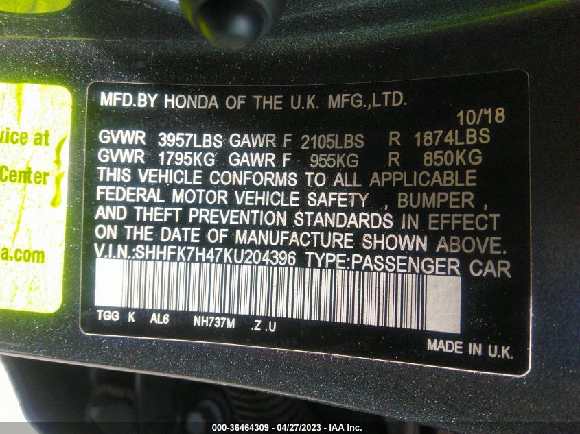 Auction sale of the 2019 HONDA CIVIC HATCHBACK , vin: SHHFK7H47KU204396, lot number: 36464309