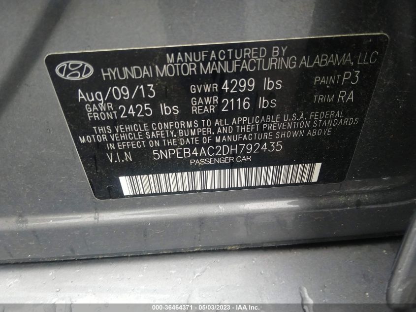 2013 HYUNDAI SONATA GLS PZEV - 5NPEB4AC2DH792435