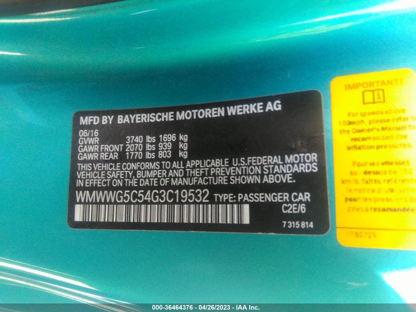 2016 MINI COOPER CONVERTIBLE WMWWG5C54G3C19532