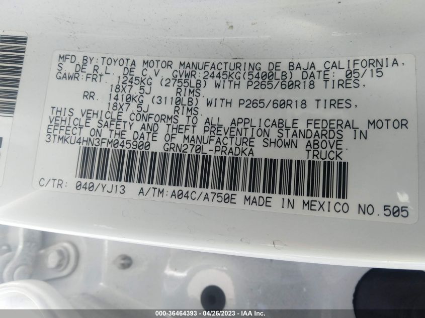 2015 TOYOTA TACOMA PRERUNNER - 3TMKU4HN3FM045900