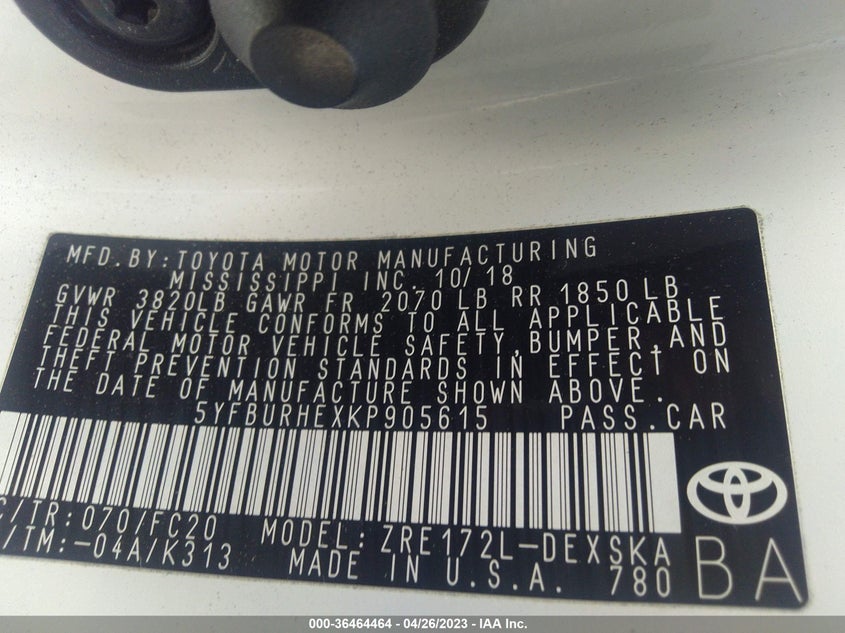 VIN 5YFBURHEXKP905615 2019 TOYOTA COROLLA L/LE/SE/XLE/XSE