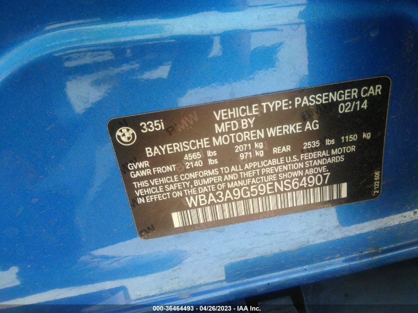 2014 BMW 3 SERIES 335I - WBA3A9G59ENS64907