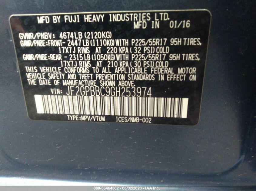 2016 SUBARU CROSSTREK HYBRID - JF2GPBBC9GH253974