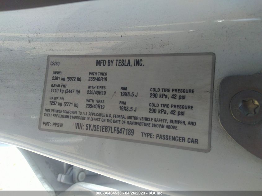 2020 TESLA MODEL 3 LONG RANGE - 5YJ3E1EB7LF647189